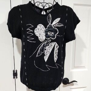 Shenanigans Floral Applique Sweater Women M Black Vintage 90s Retro 80s Artsy